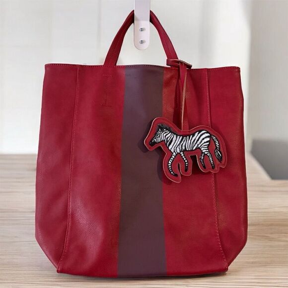 Saks Fifth Avenue Red Purple Zebra Fob Vegan Faux Leather Tote Bag - Picture 3 of 8
